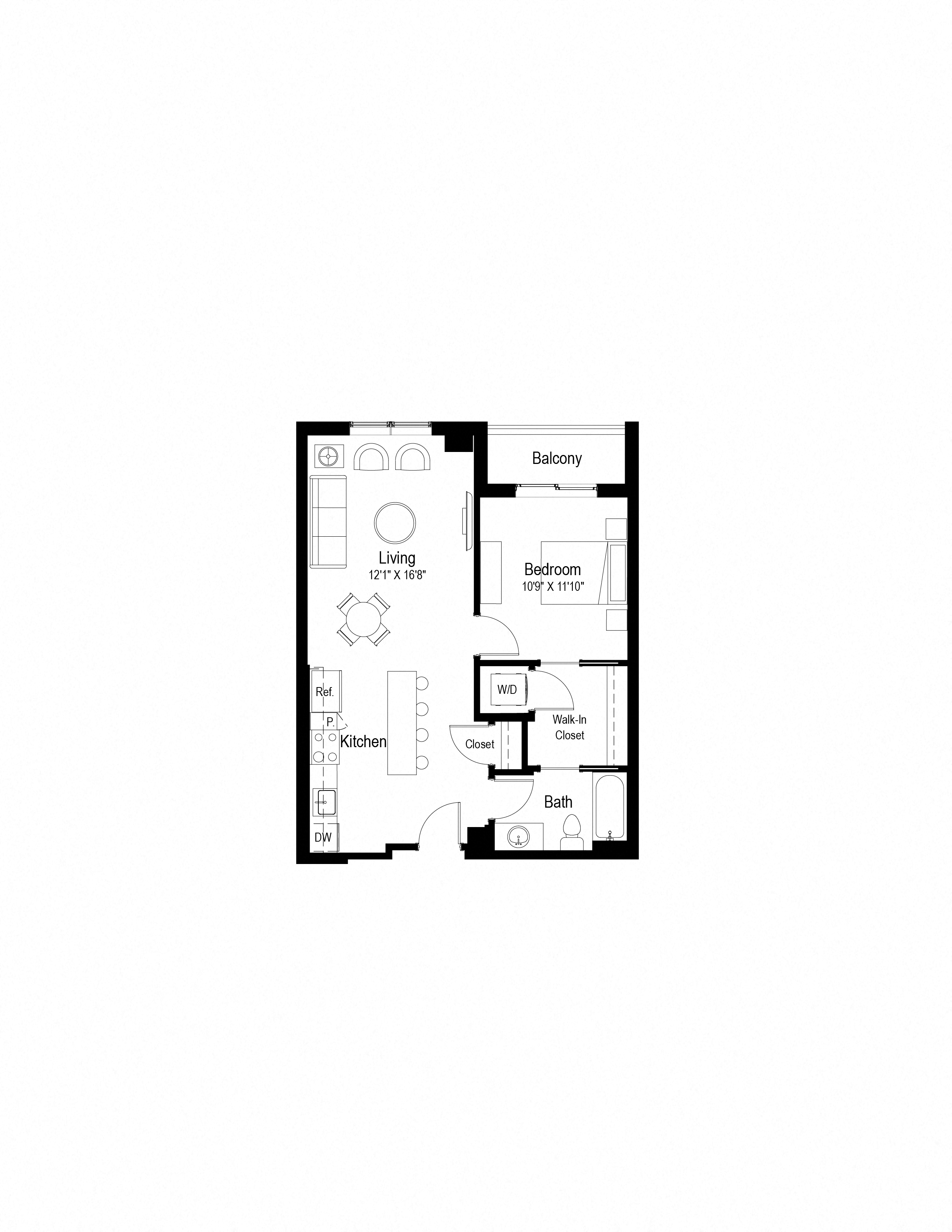 Floor plan for 1 bed, 1 bath, 745 sqft